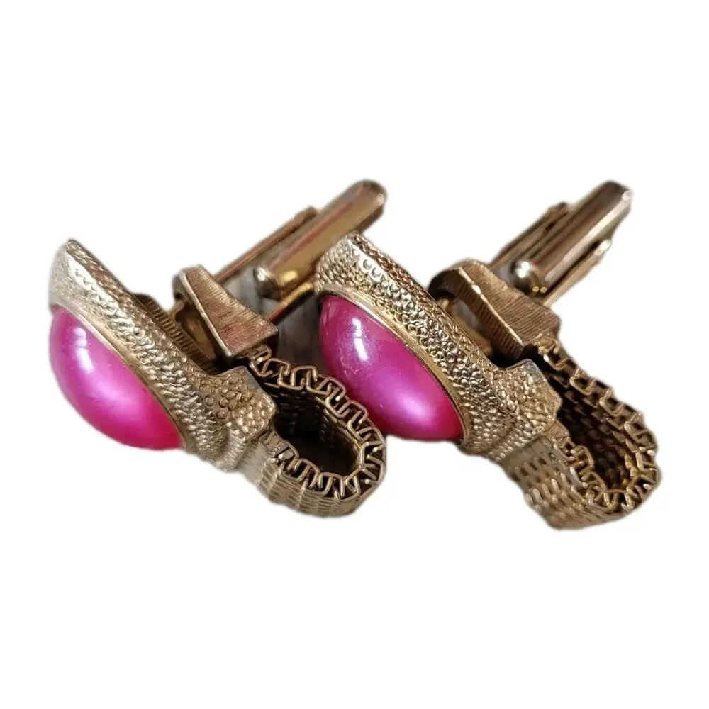 Vintage Swank Gold-Tone Mesh Wrap Cufflinks with Pink Cabochon